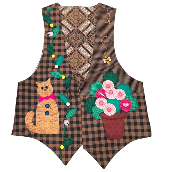 Jackets & Blazers - Vintage Quirky Patchwork Vest with Cat and Floral Design